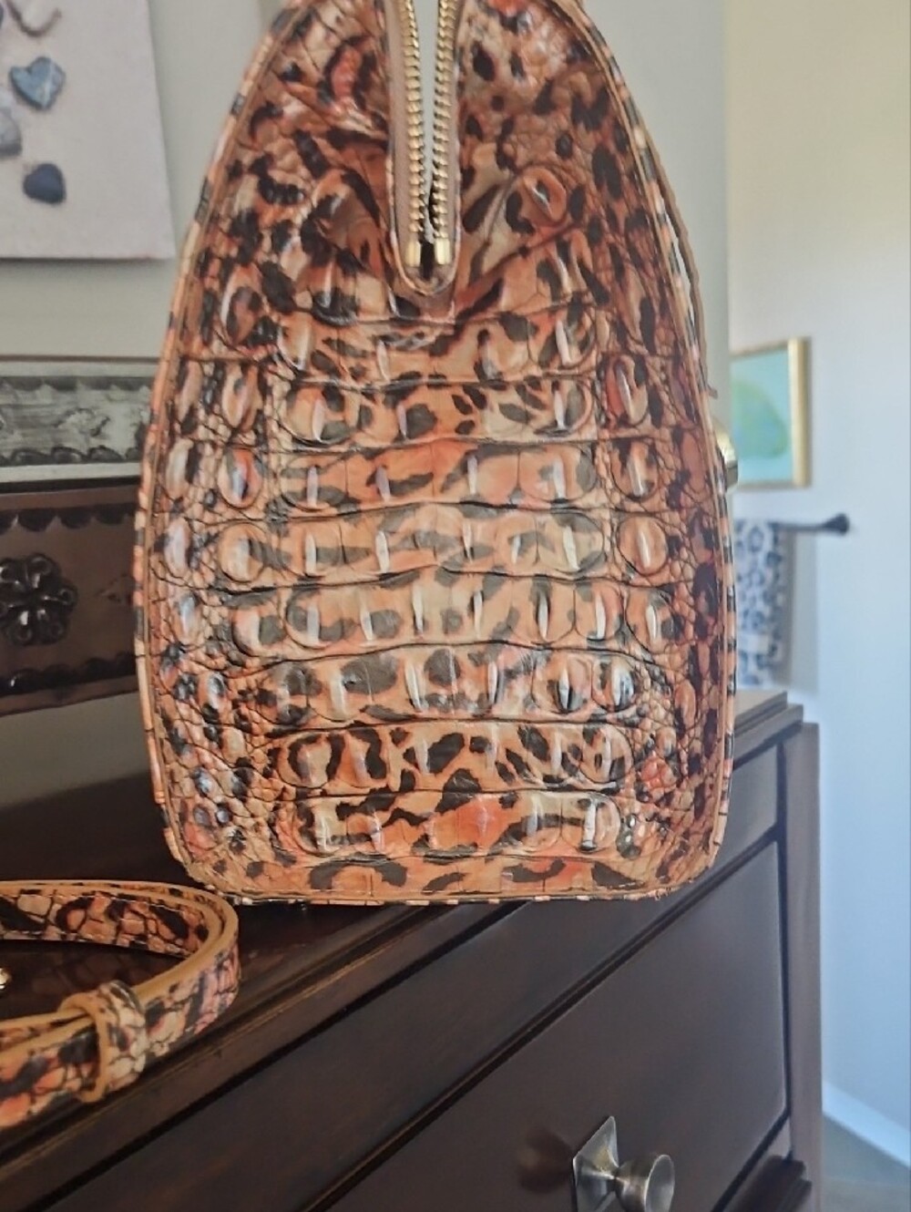 Brahmin Leopard Small Caroline Croc-Embossed Satchel in Tan and Black - Picture 5 of 10